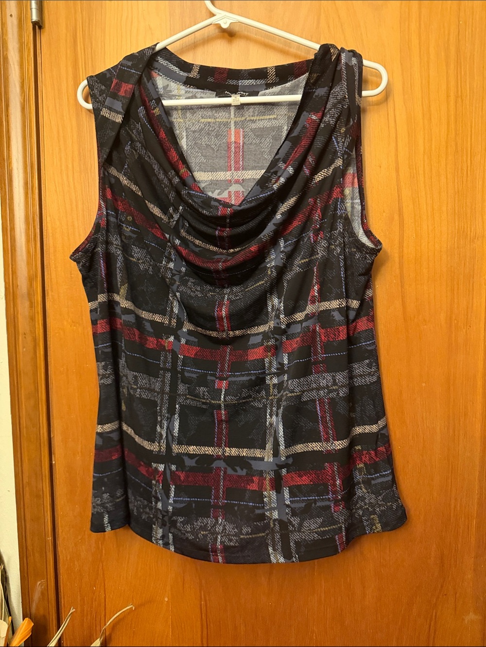 Nine  West Draped Cowl Neck Plaid Tank - Black, Red & Gray